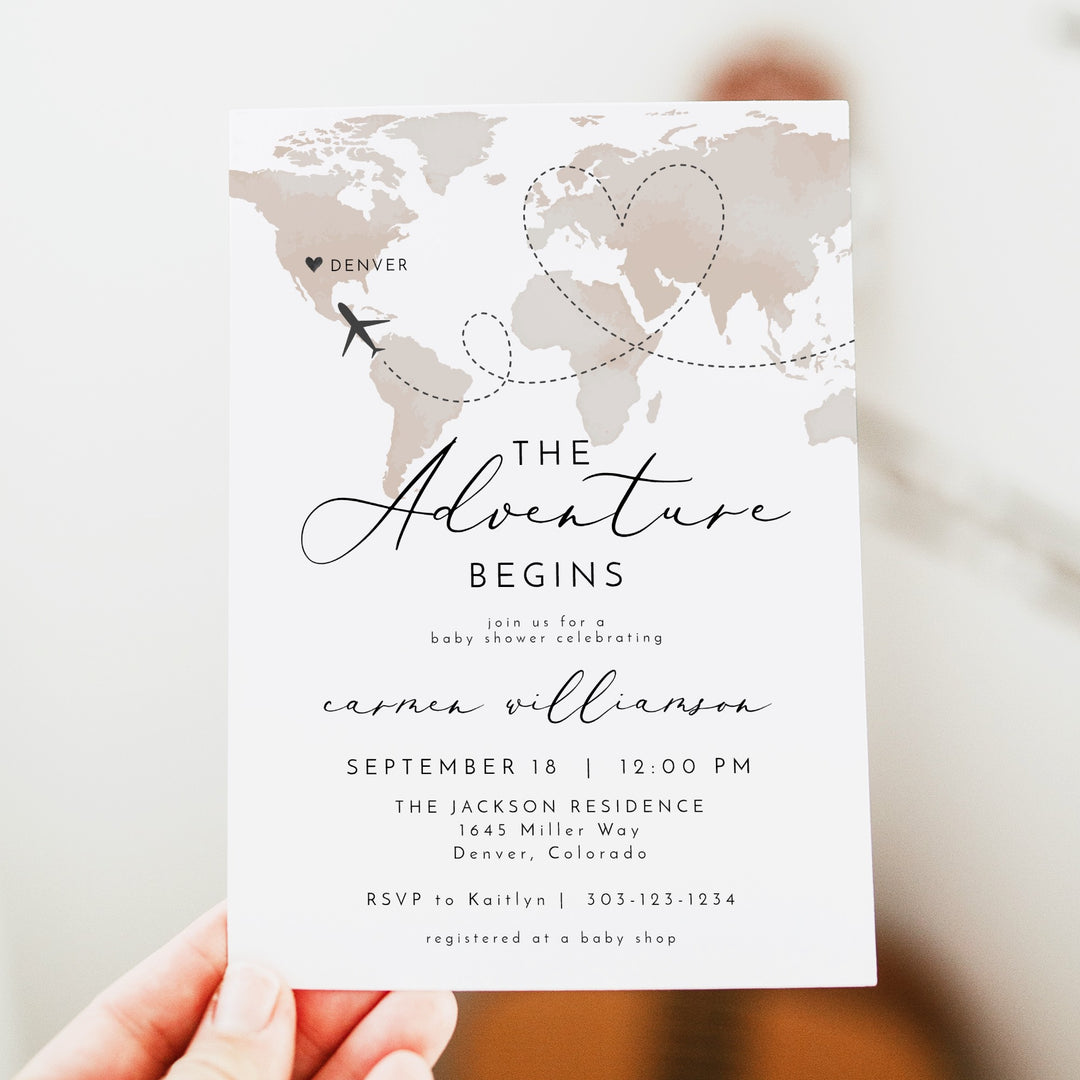 CARMEN Adventure Begins Neutral World Map Baby Shower Invitation