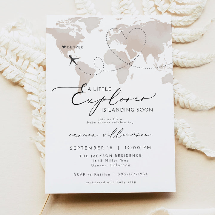 CARMEN Little Explorer Neutral World Map Baby Shower Invitation