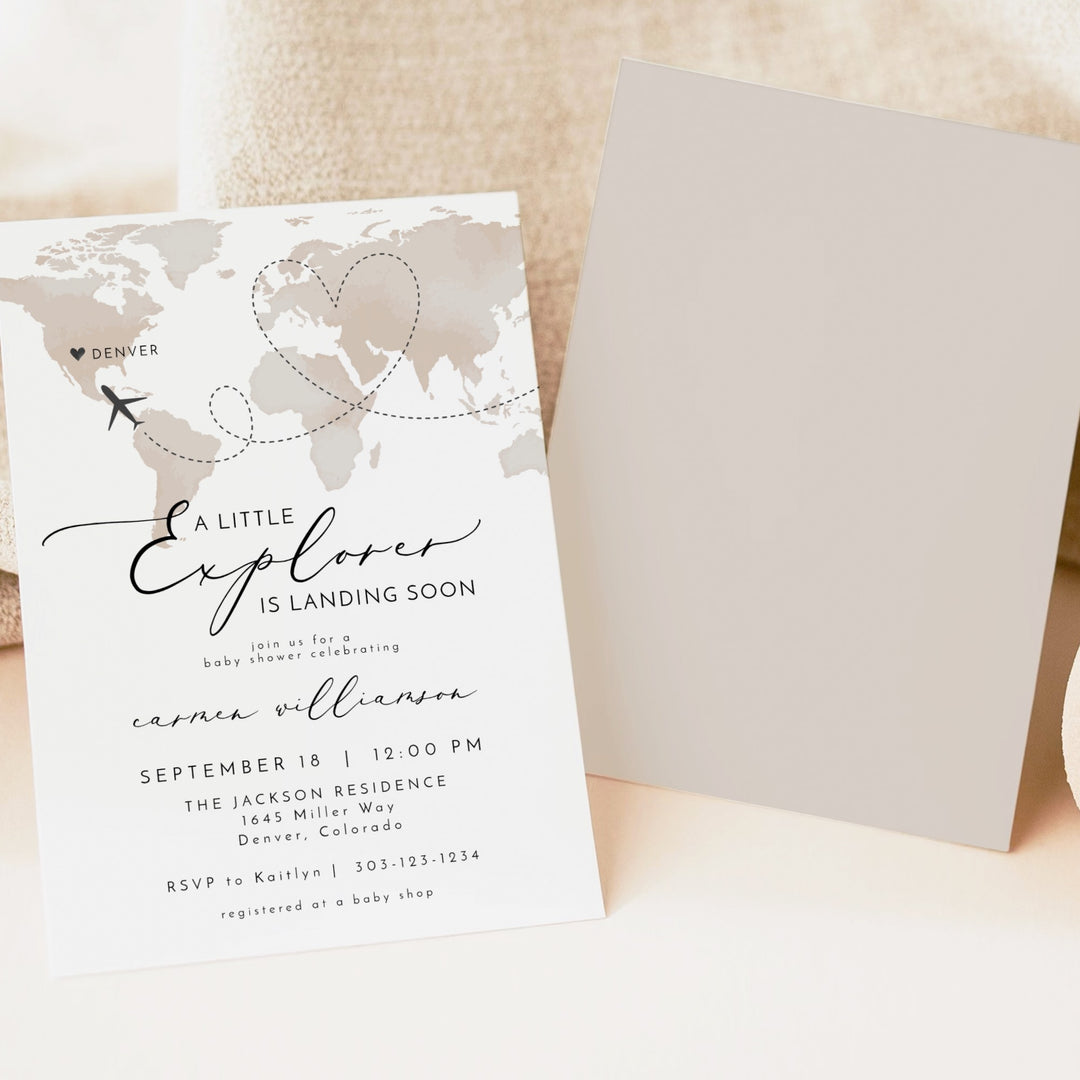 CARMEN Little Explorer Neutral World Map Baby Shower Invitation
