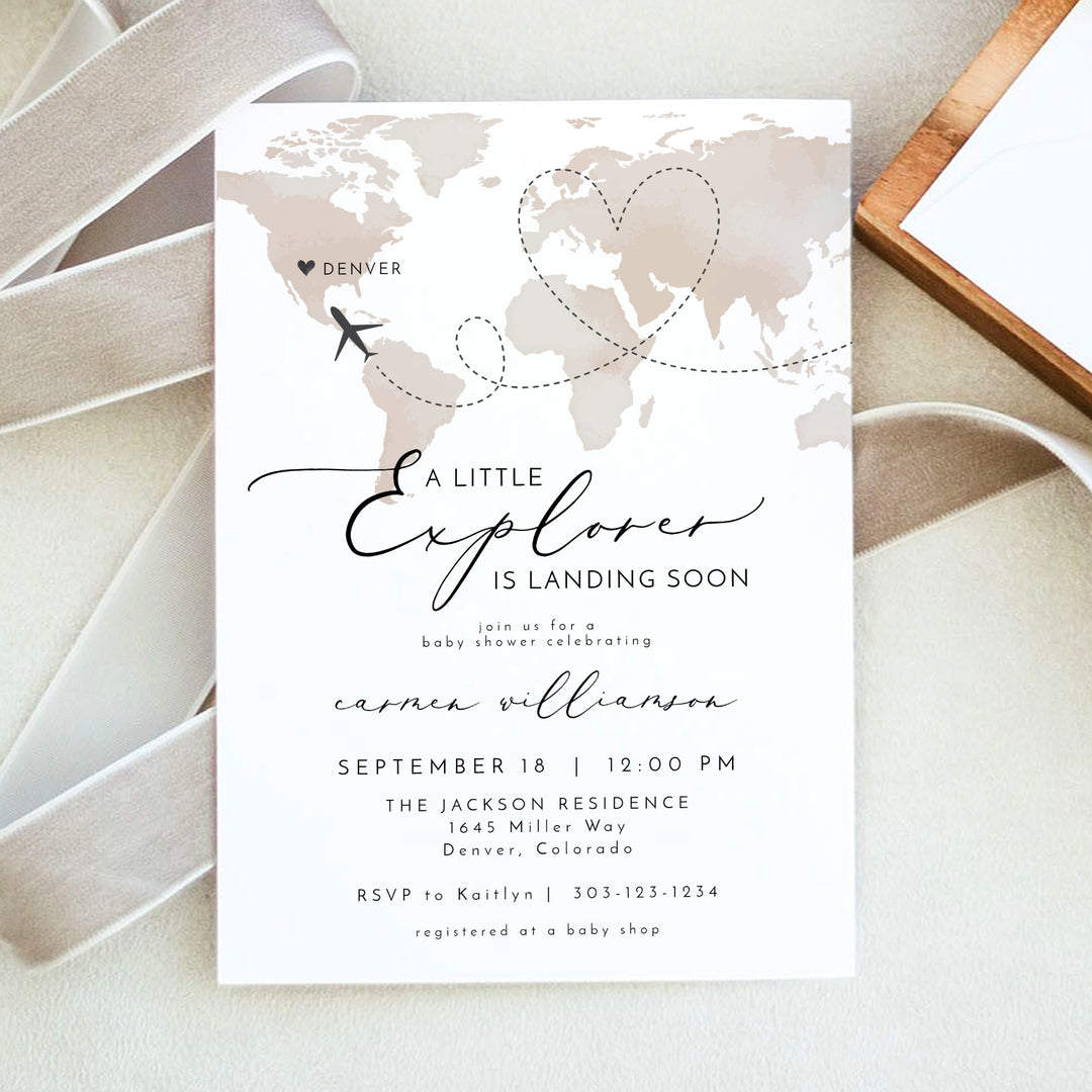 CARMEN Little Explorer Neutral World Map Baby Shower Invitation