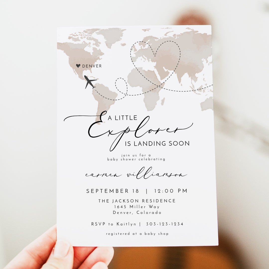 CARMEN Little Explorer Neutral World Map Baby Shower Invitation