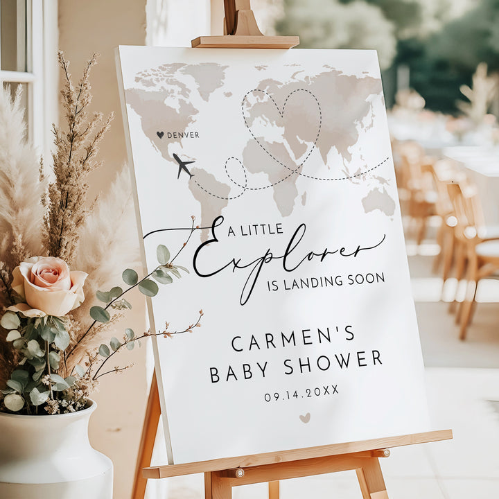 CARMEN Little Explorer Neutral World Map Baby Shower Welcome Sign