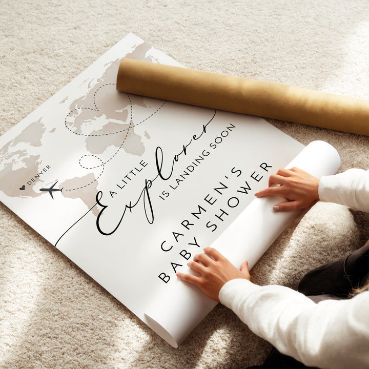 CARMEN Little Explorer Neutral World Map Baby Shower Welcome Sign