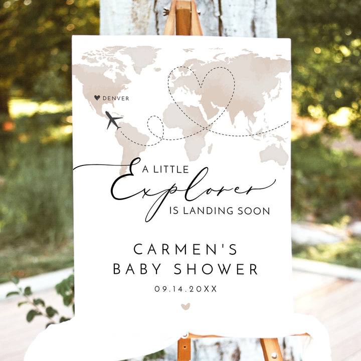 CARMEN Little Explorer Neutral World Map Baby Shower Welcome Sign