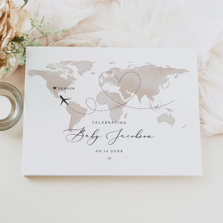 CARMEN Personalized Neutral World Map Explorer Baby Shower Guest Book Keepsake