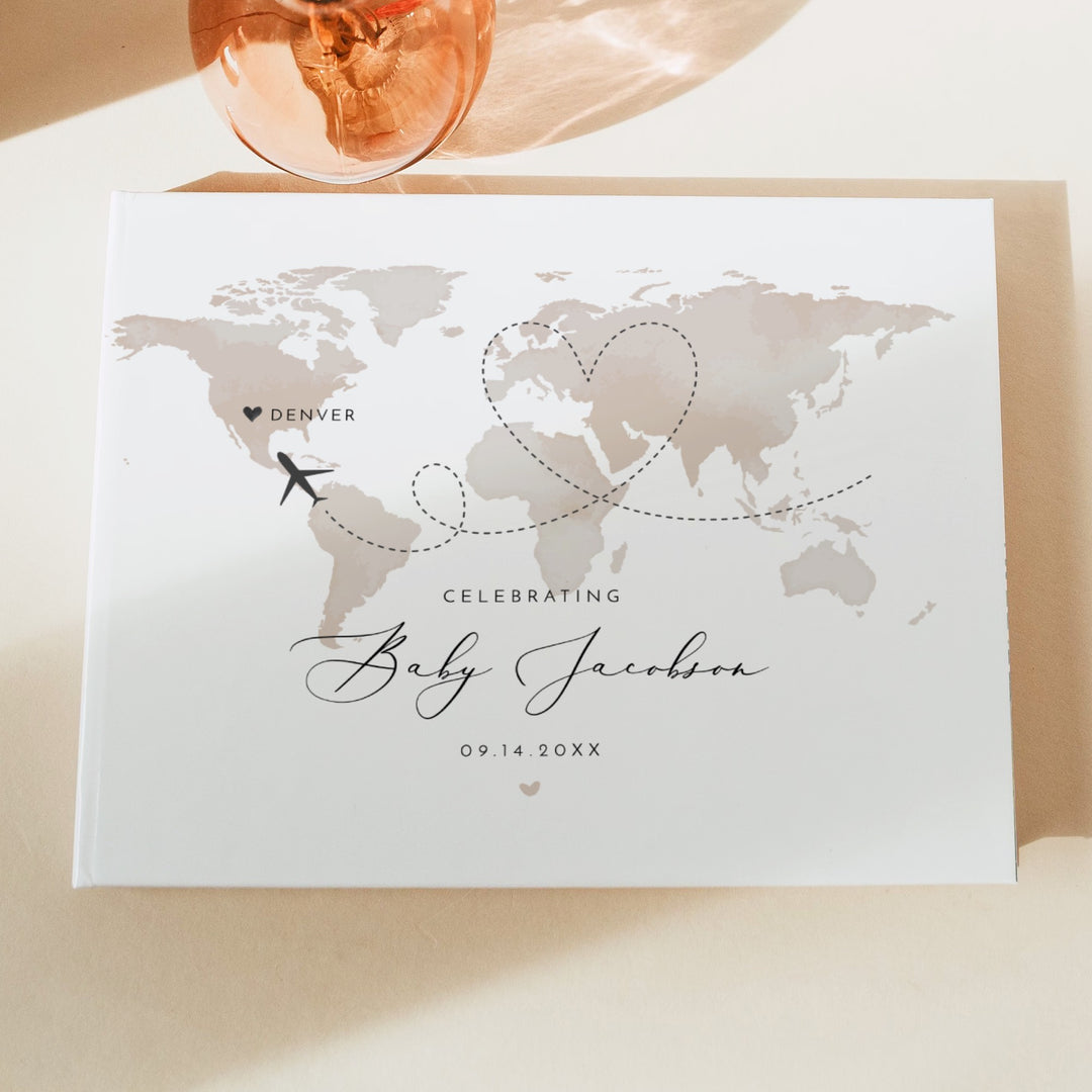 CARMEN Personalized Neutral World Map Explorer Baby Shower Guest Book Keepsake