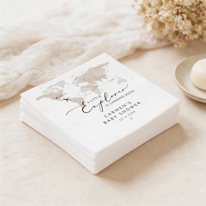 CARMEN Little Explorer Neutral World Map Baby Shower Napkins