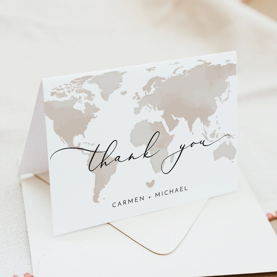 CARMEN Neutral World Map Travel Destination Thank You Card