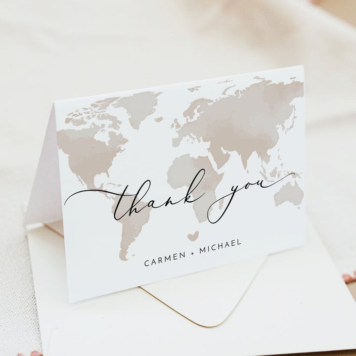CARMEN Neutral World Map Travel Destination Thank You Card