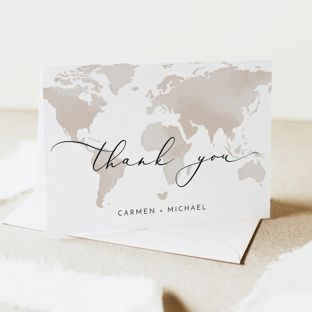 CARMEN Neutral World Map Travel Destination Thank You Card