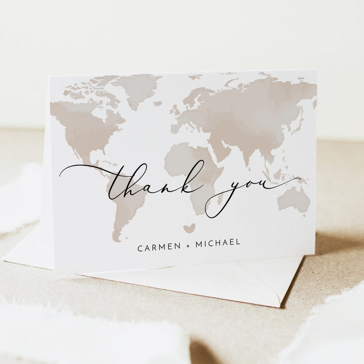 CARMEN Neutral World Map Travel Destination Thank You Card