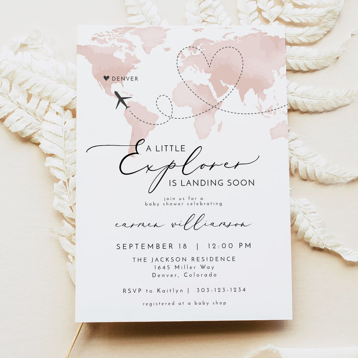 CARMEN Little Explorer Pink World Map Baby Shower Invitation