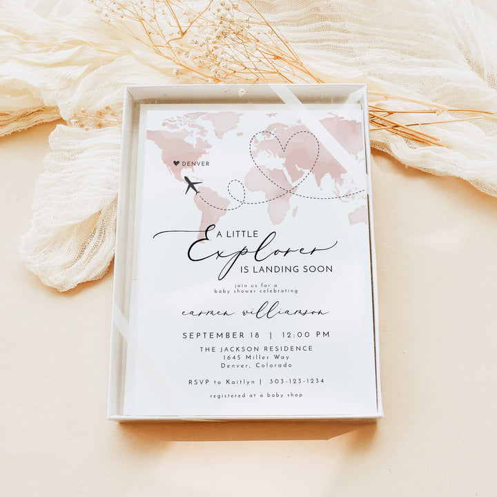 CARMEN Little Explorer Pink World Map Baby Shower Invitation