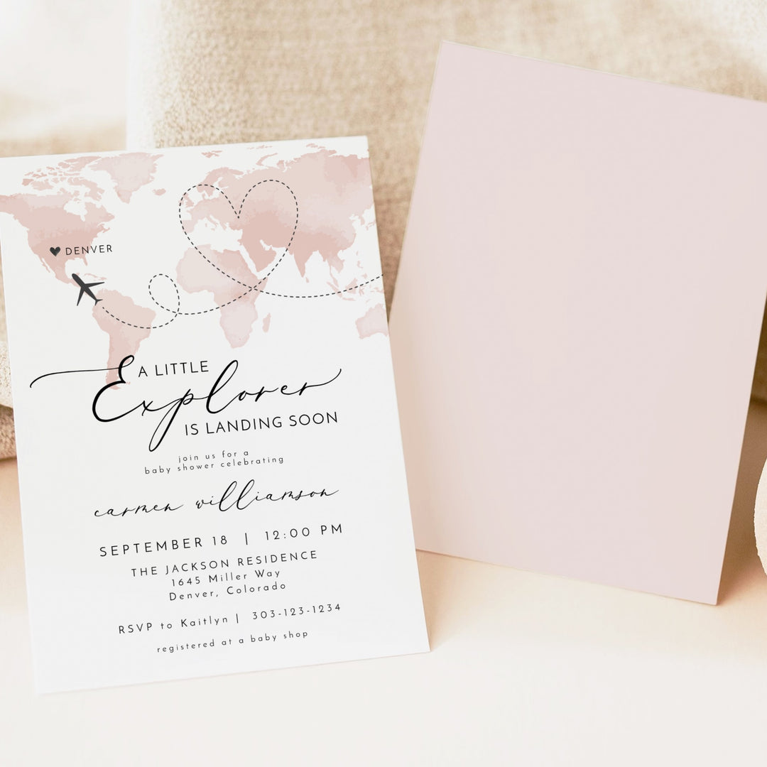CARMEN Little Explorer Pink World Map Baby Shower Invitation