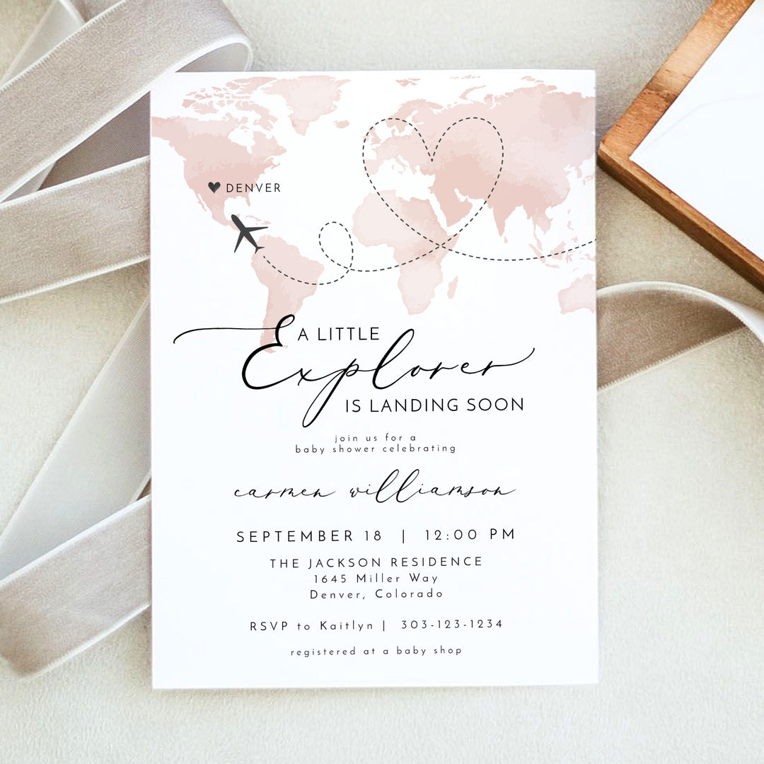 CARMEN Little Explorer Pink World Map Baby Shower Invitation