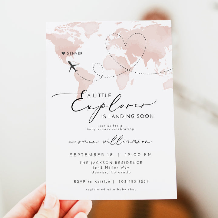 CARMEN Little Explorer Pink World Map Baby Shower Invitation