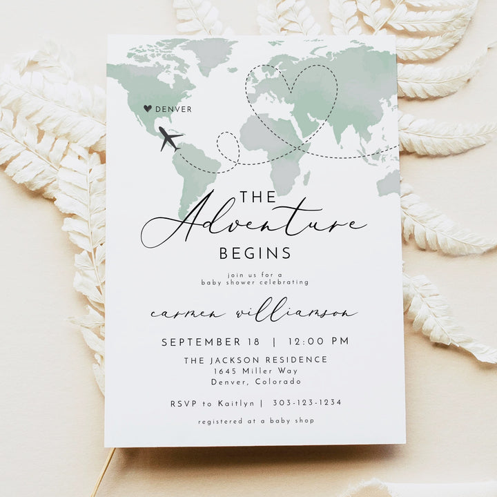 CARMEN Adventure Begins Green World Map Baby Shower Invitation