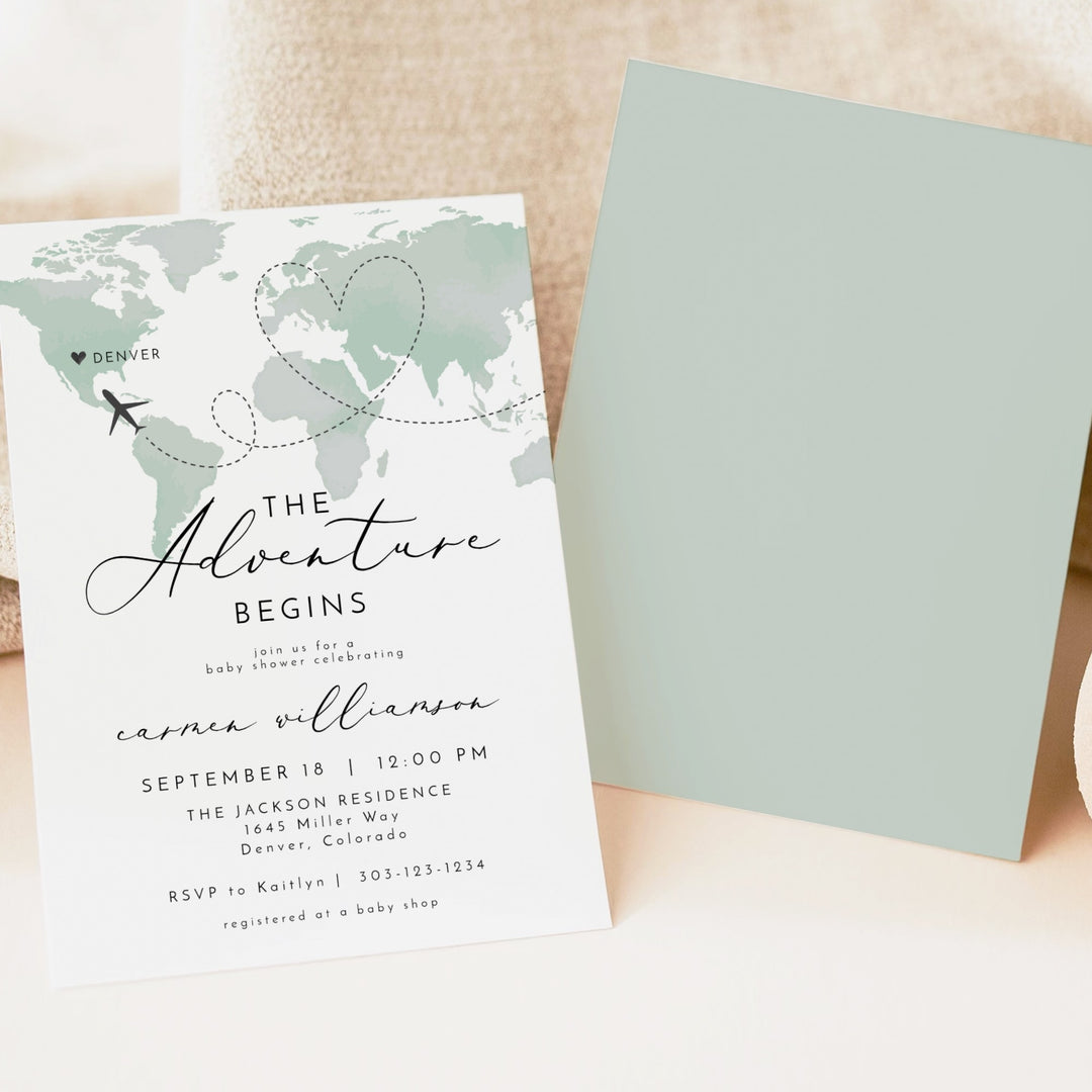 CARMEN Adventure Begins Green World Map Baby Shower Invitation