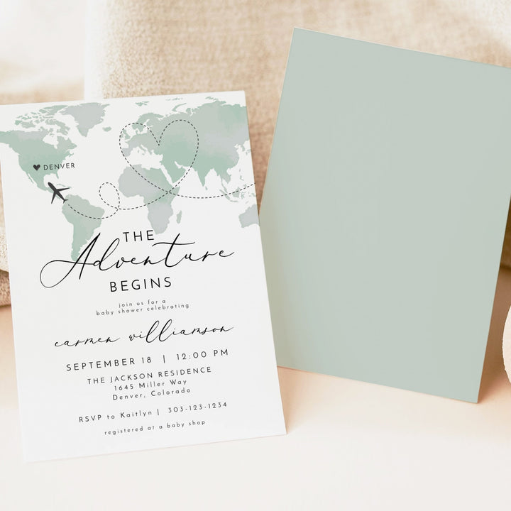 CARMEN Adventure Begins Green World Map Baby Shower Invitation