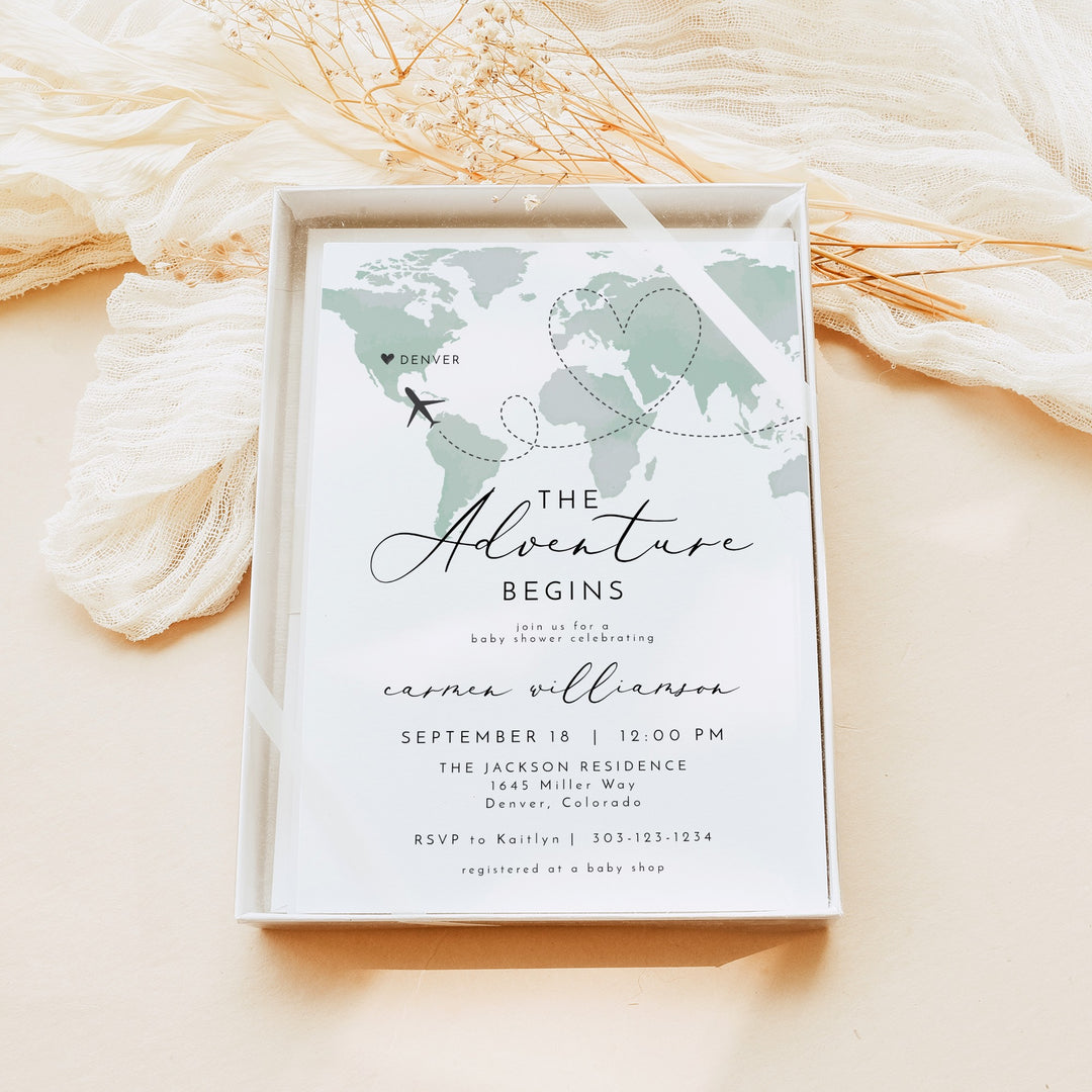 CARMEN Adventure Begins Green World Map Baby Shower Invitation