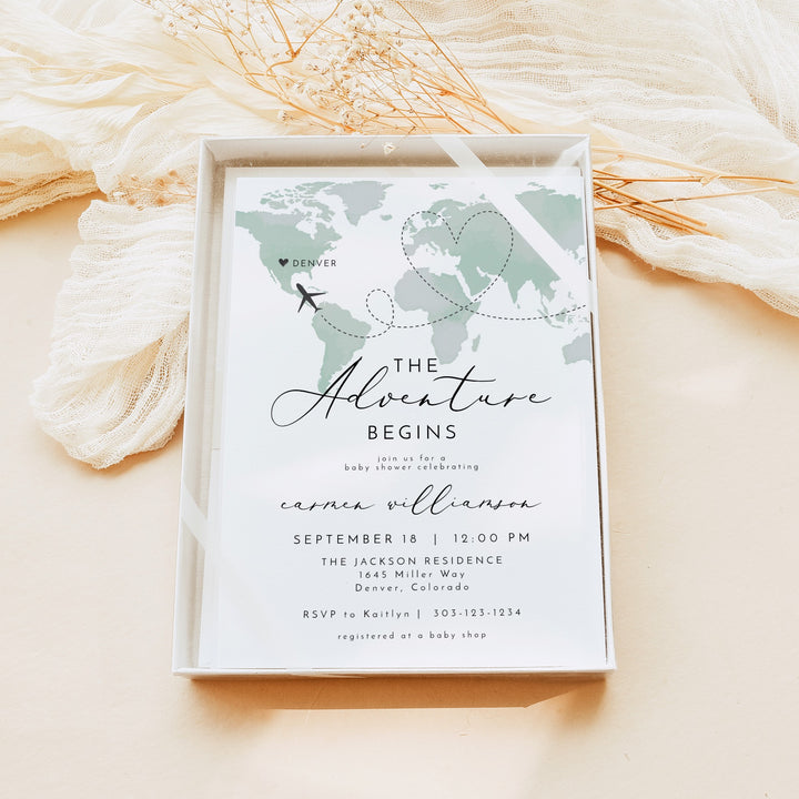 CARMEN Adventure Begins Green World Map Baby Shower Invitation