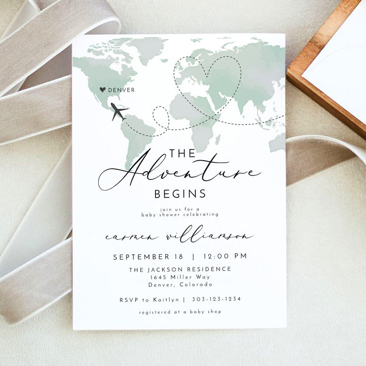CARMEN Adventure Begins Green World Map Baby Shower Invitation