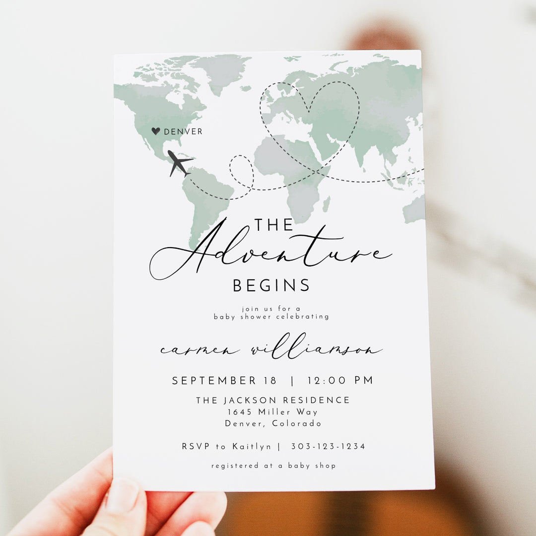 CARMEN Adventure Begins Green World Map Baby Shower Invitation