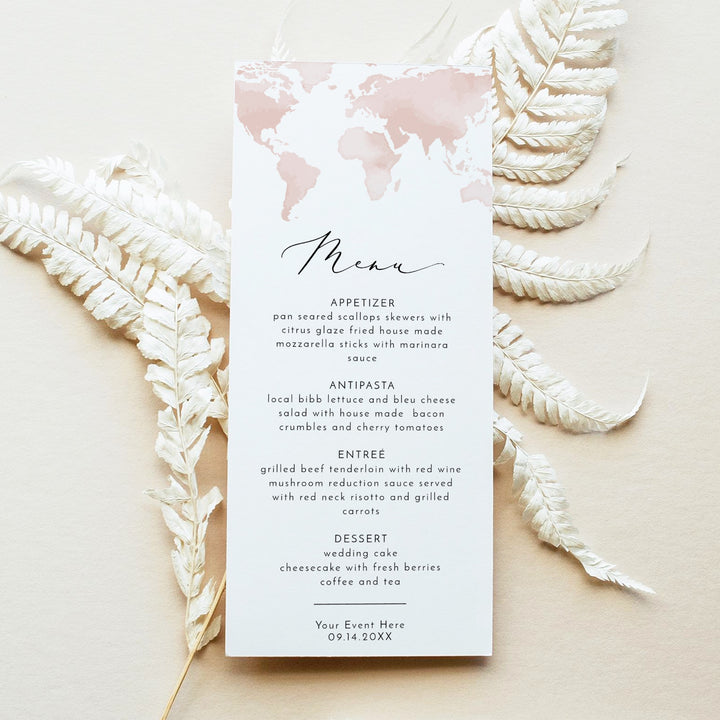CARMEN Dusty Pink World Map Destination Menu Cards