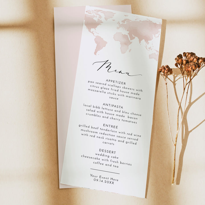 CARMEN Dusty Pink World Map Destination Menu Cards