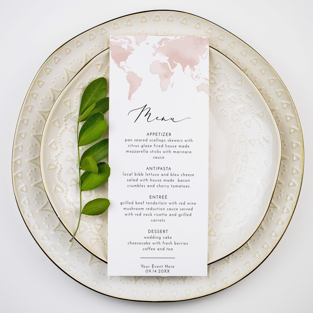 CARMEN Dusty Pink World Map Destination Menu Cards