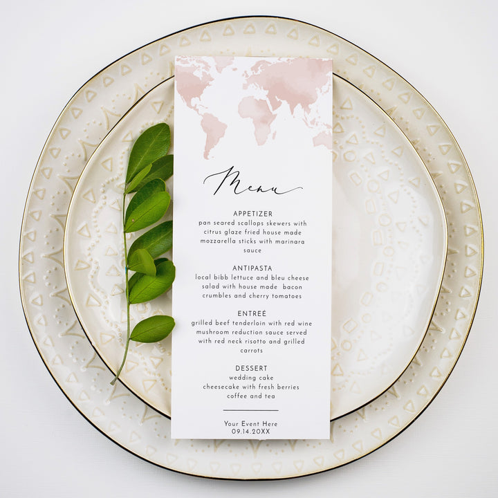 CARMEN Dusty Pink World Map Destination Menu Cards