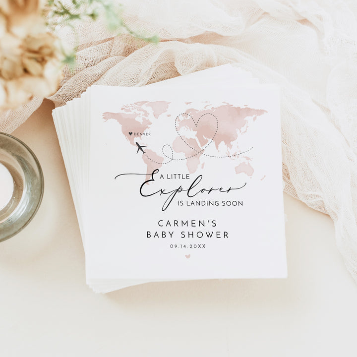 CARMEN Little Explorer Pink World Map Baby Shower Napkins