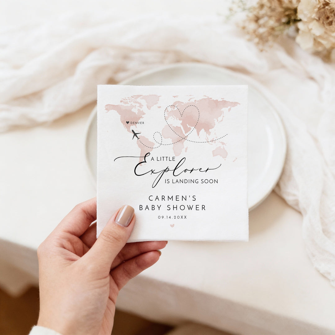 CARMEN Little Explorer Pink World Map Baby Shower Napkins