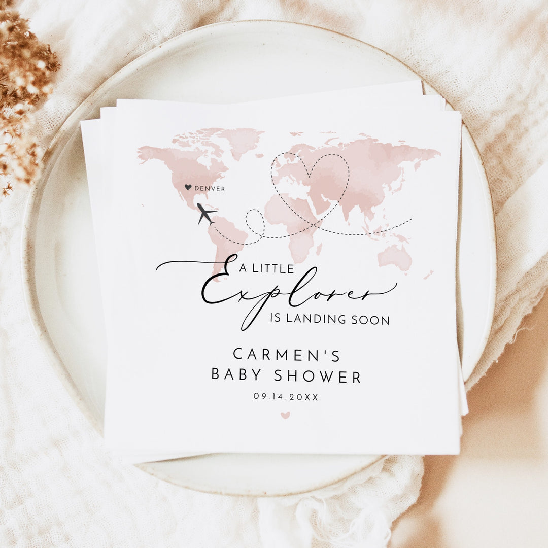CARMEN Little Explorer Pink World Map Baby Shower Napkins