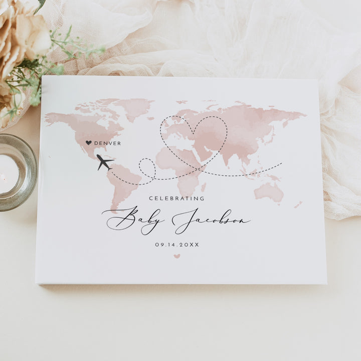 CARMEN Personalized Pink World Map Explorer Baby Shower Guest Book Keepsake