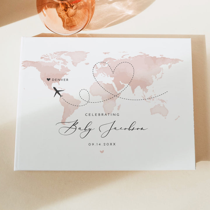 CARMEN Personalized Pink World Map Explorer Baby Shower Guest Book Keepsake