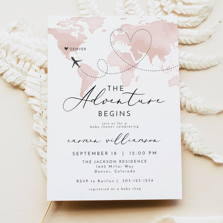 CARMEN Adventure Begins Pink World Map Baby Shower Invitation Suite