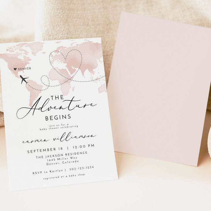 CARMEN Adventure Begins Pink World Map Baby Shower Invitation Suite