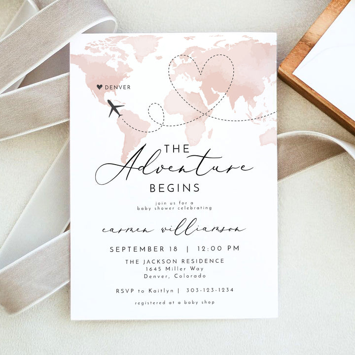 CARMEN Adventure Begins Pink World Map Baby Shower Invitation