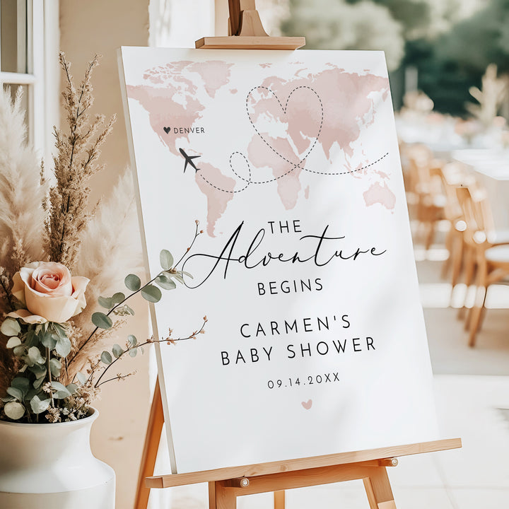 CARMEN Adventure Begins Pink World Map Baby Shower Welcome Sign