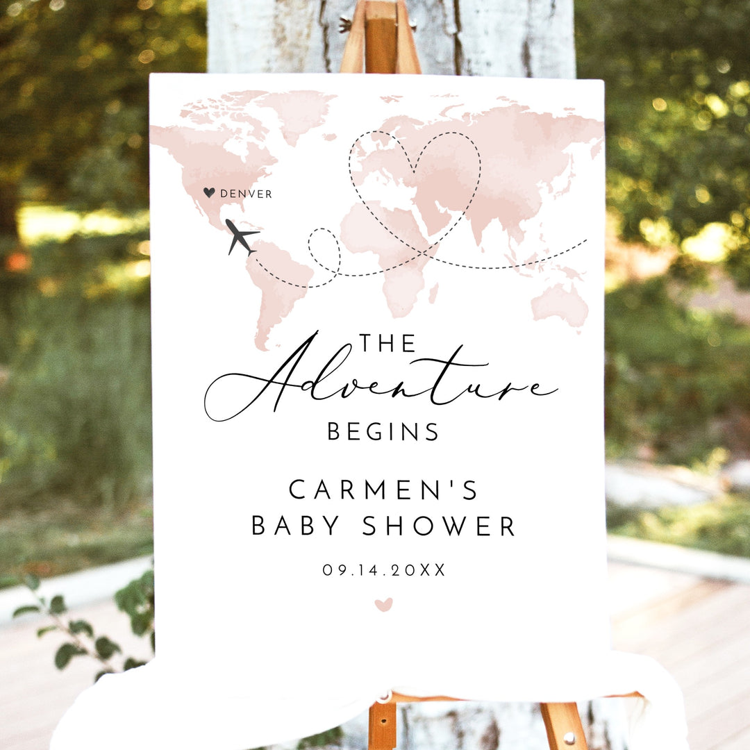 CARMEN Adventure Begins Pink World Map Baby Shower Welcome Sign