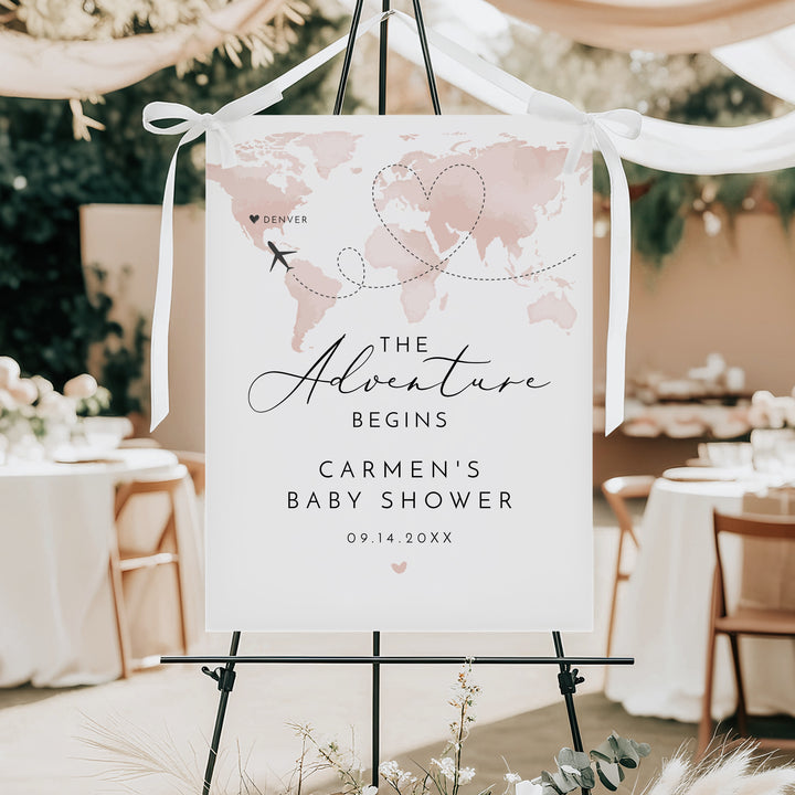 CARMEN Adventure Begins Pink World Map Baby Shower Welcome Sign