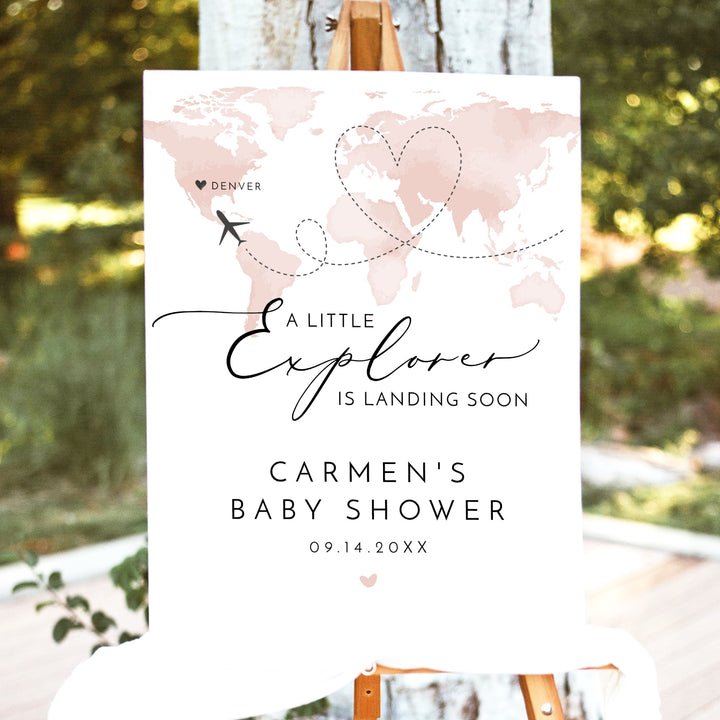 CARMEN Little Explorer Pink World Map Baby Shower Welcome Sign