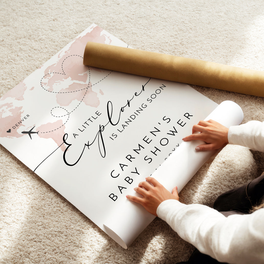 CARMEN Little Explorer Pink World Map Baby Shower Welcome Sign