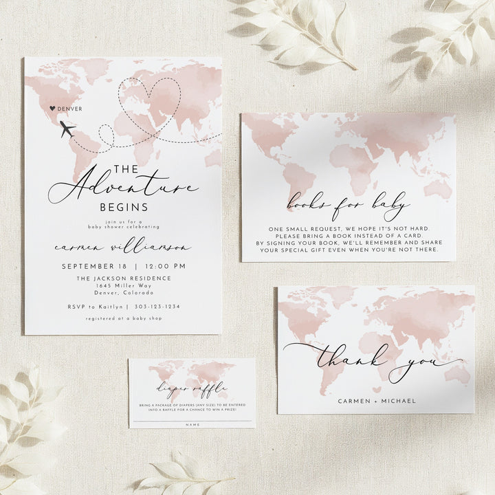 CARMEN Adventure Begins Pink World Map Baby Shower Invitation Suite