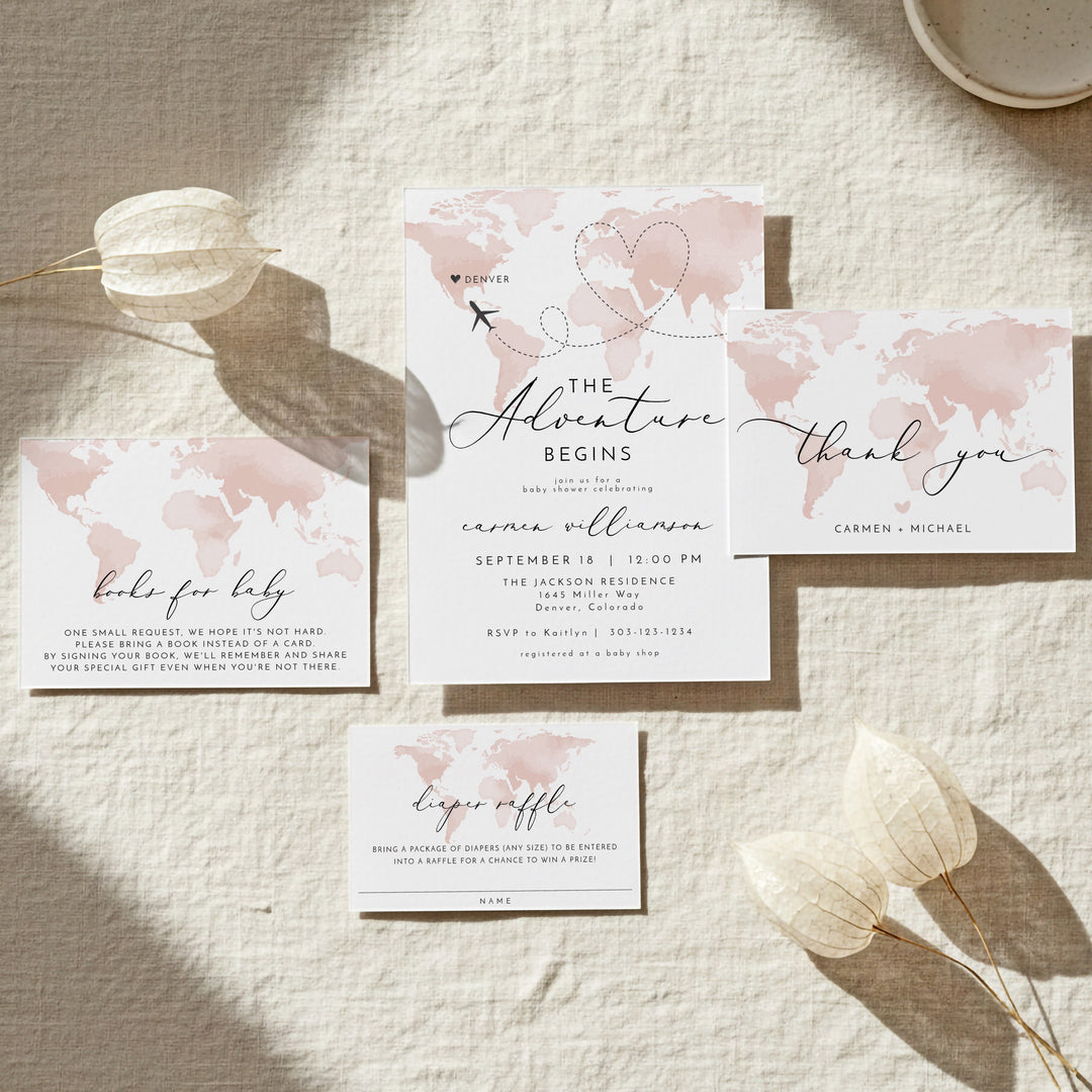 CARMEN Adventure Begins Pink World Map Baby Shower Invitation Suite