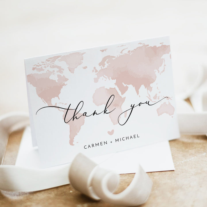 CARMEN Pink World Map Travel Destination Thank You Card