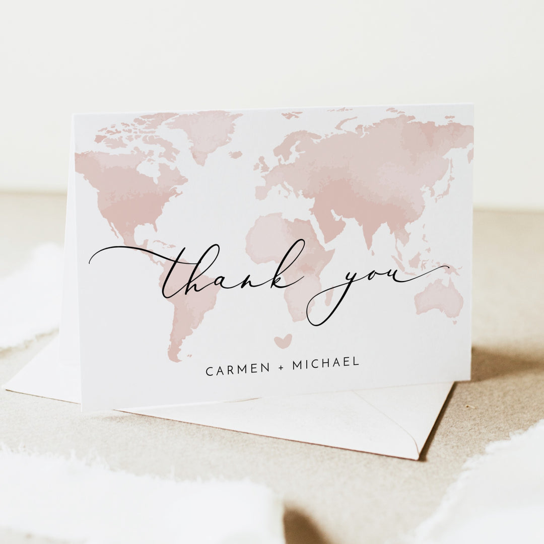 CARMEN Pink World Map Travel Destination Thank You Card