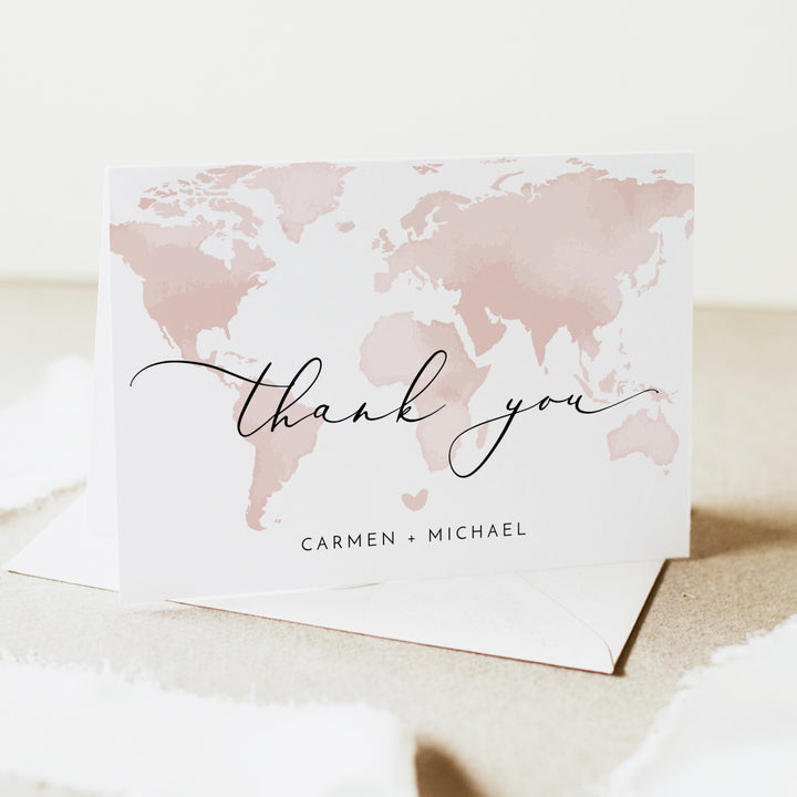 CARMEN Pink World Map Travel Destination Thank You Card