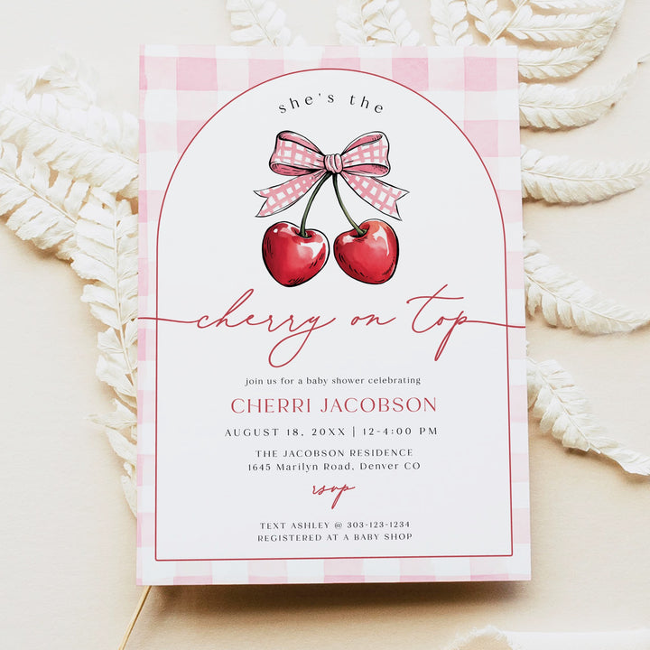 CHERRI Cherry On Top Baby Girl Pink Gingham Baby Shower Invitation